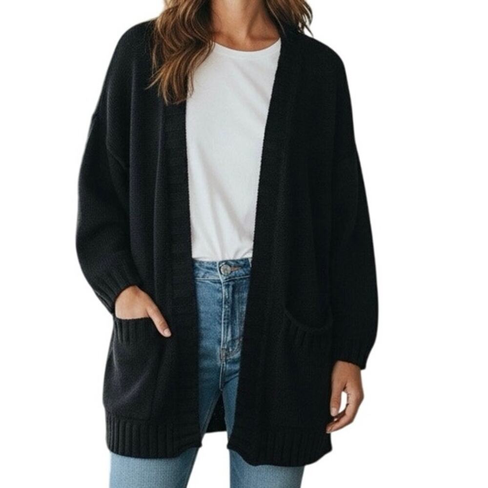 Eileen Fisher Black Oversized Open Cardigan Sweater Size XS Organic Linen Cotton